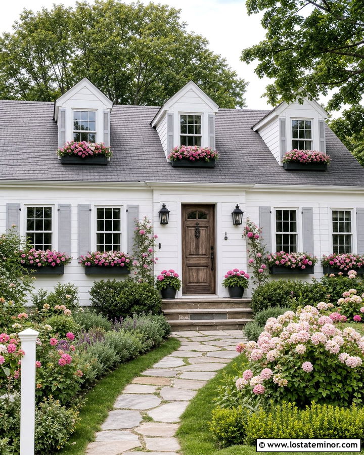 White House With Window Boxes And Pink Flowers - 30 White House Design With Window Boxes Ideas