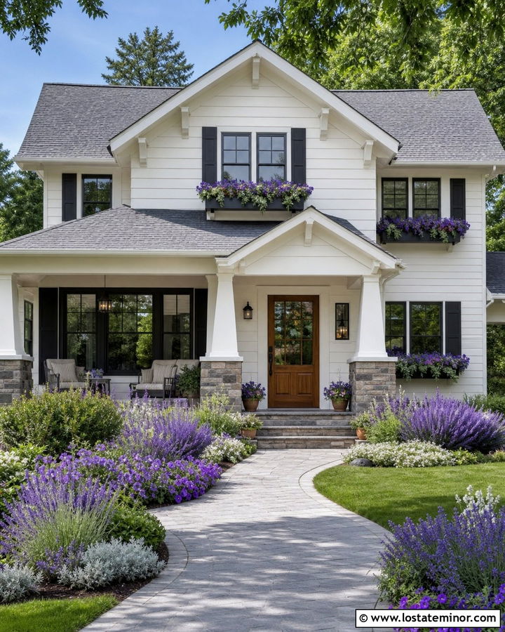 White House With Window Boxes And Purple Flowers - 30 White House Design With Window Boxes Ideas