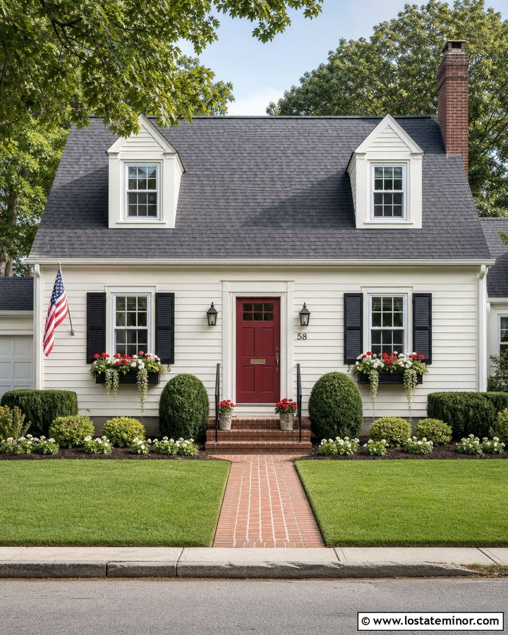 White House With Window Boxes And Red Door - 30 White House Design With Window Boxes Ideas