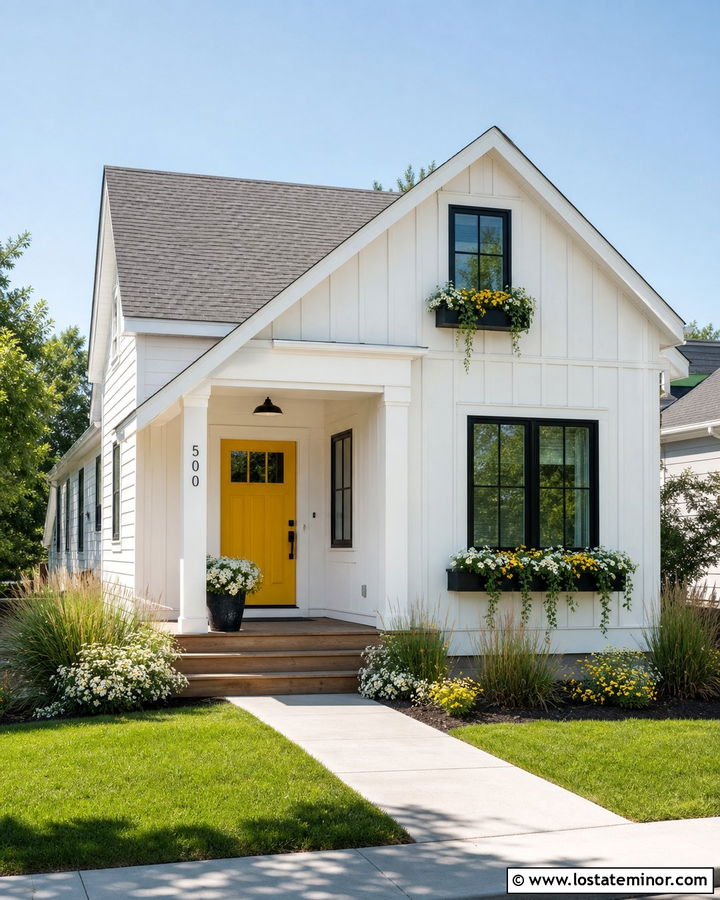 White House With Window Boxes And Yellow Door - 30 White House Design With Window Boxes Ideas