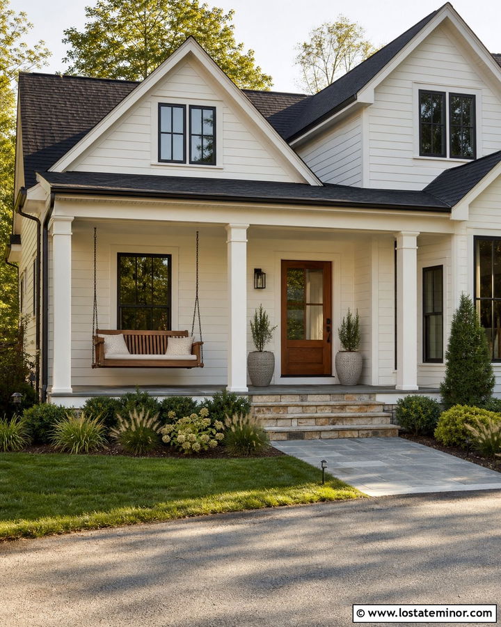 White House With Wood Door And Cedar Swing - 30 White House Design With Swing Ideas