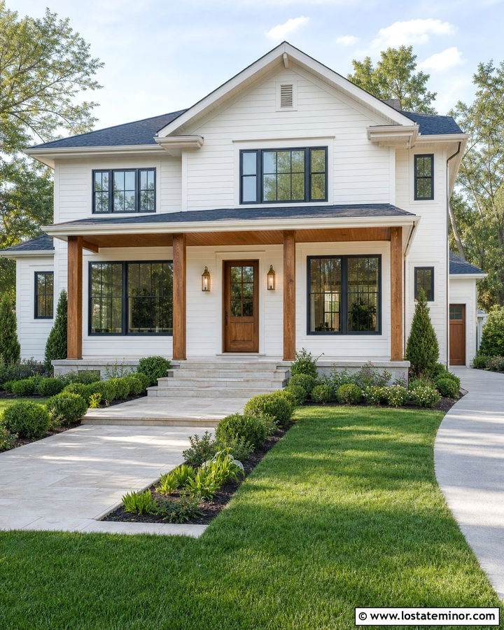White House With Wood Door And Warm Lighting - 30 White House Design With Lighting Ideas