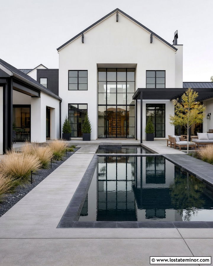 White Industrial House With Black Swimming Pool Tile - 30 White House Design With Swimming Pool Ideas