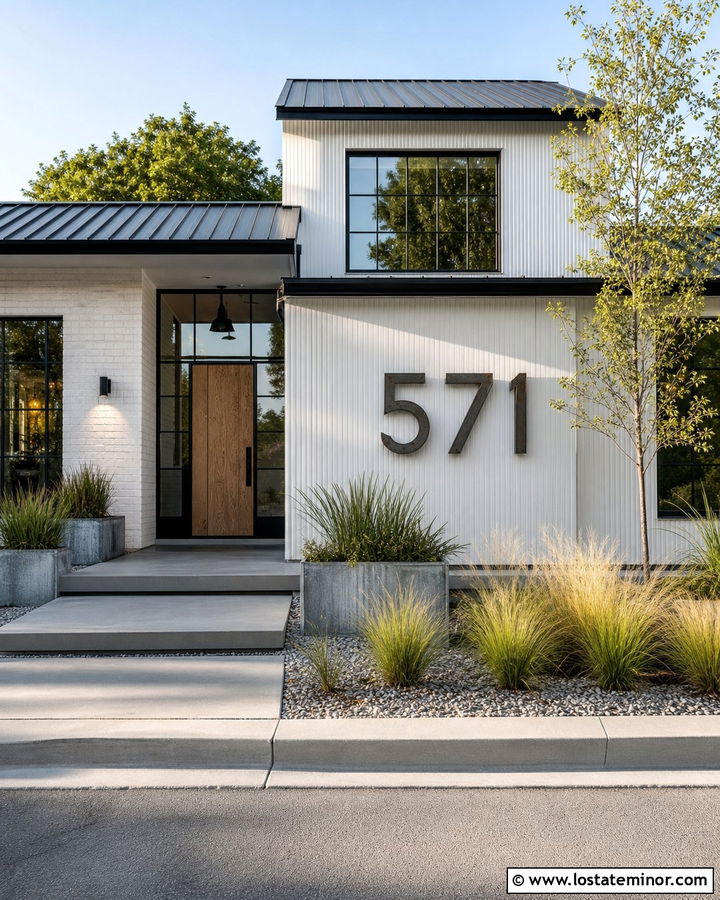 White Industrial House With Steel House Numbers - 30 White House Design With House Numbers Ideas