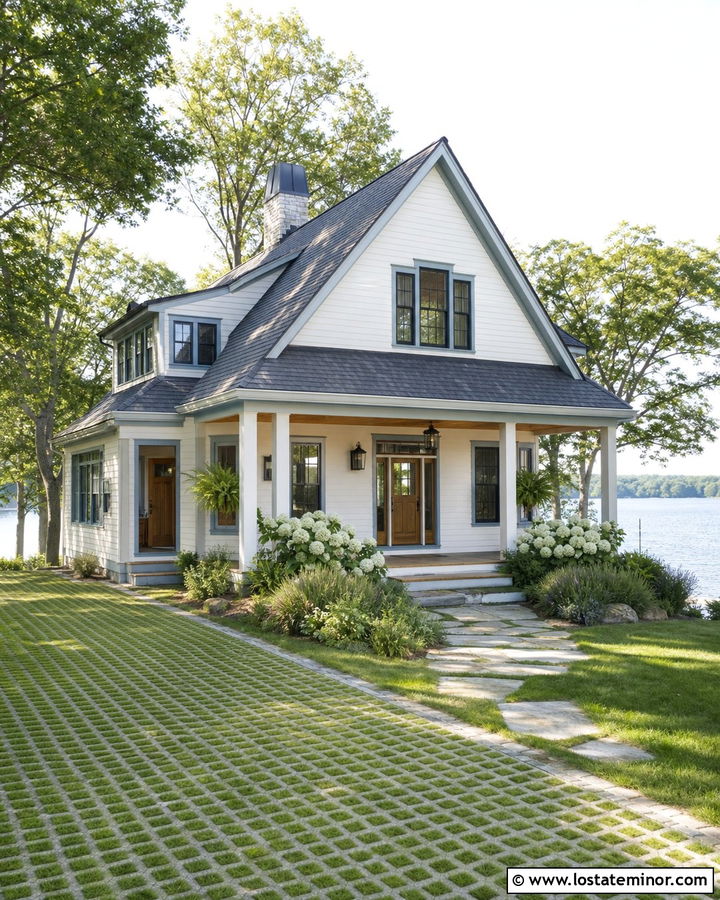 White Lake House With Grass Paver Driveway - 30 White House Design With Driveway Ideas