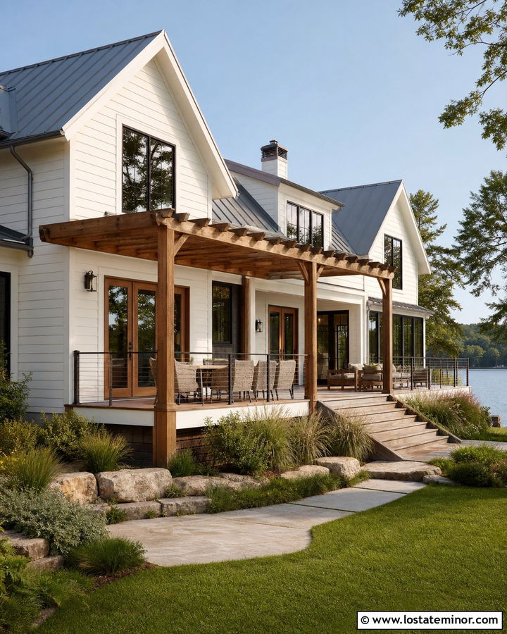 White Lake House With Pergola Porch - 30 White House Design With Pergola Ideas