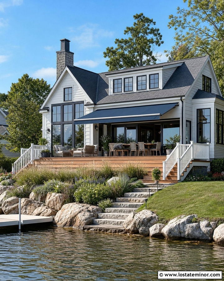White Lake House With Retractable Deck Awning - 30 White House Design With Awning Ideas