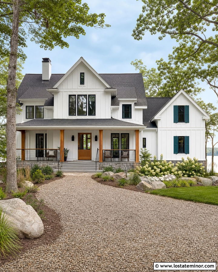 White Lake House With Teal Shutters - 30 White House Design With Shutters Ideas