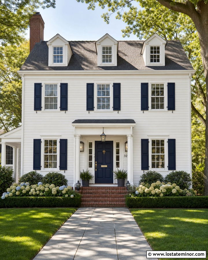 White Lap Siding With Navy Blue Shutters - 30 White House Design With Siding Ideas