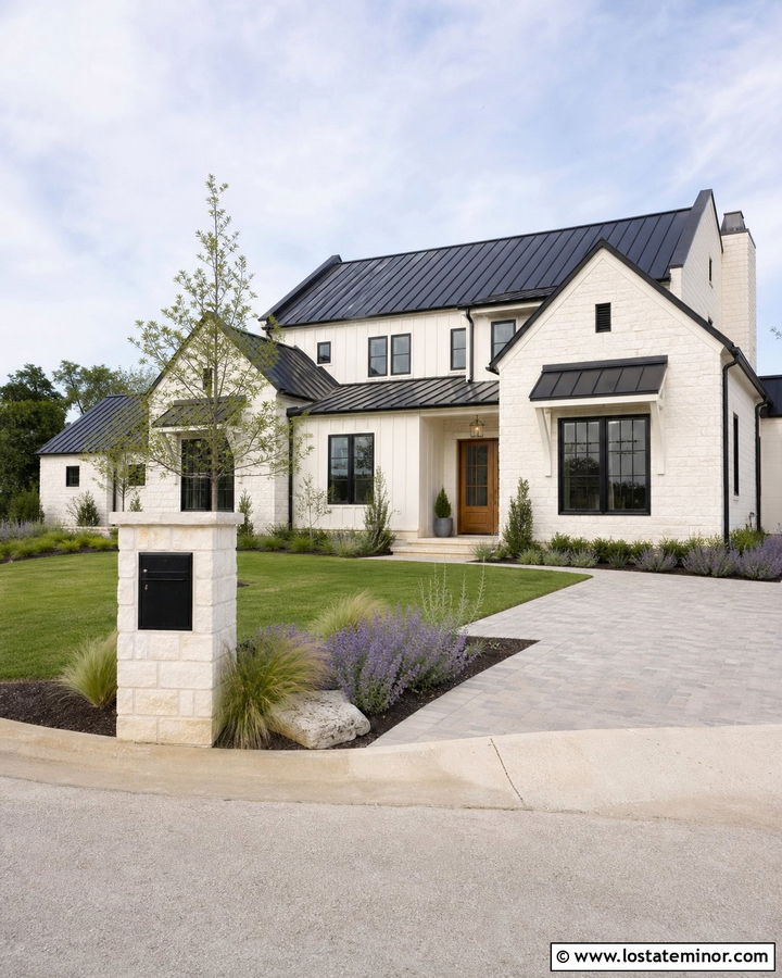 White Limestone Farmhouse With Black Mailbox - 30 Stone House Design With Mailbox Ideas