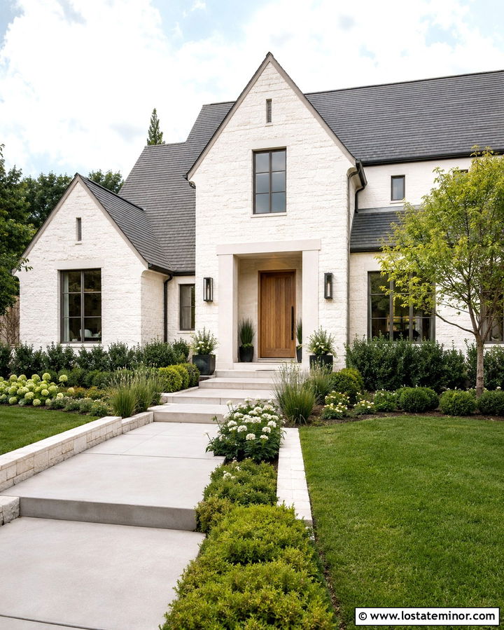 White Limestone House With Green Front Yard - 30 Stone House Design With Front Yard Ideas
