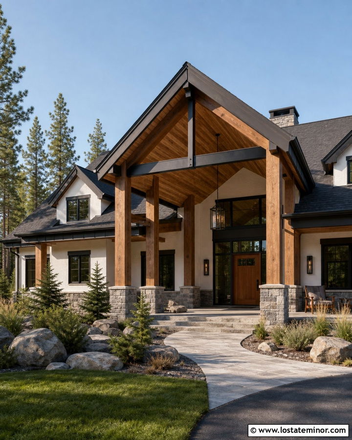 White Lodge House With Vaulted Cedar Porch Ceiling - 30 White House Design With Porch Ceiling Ideas