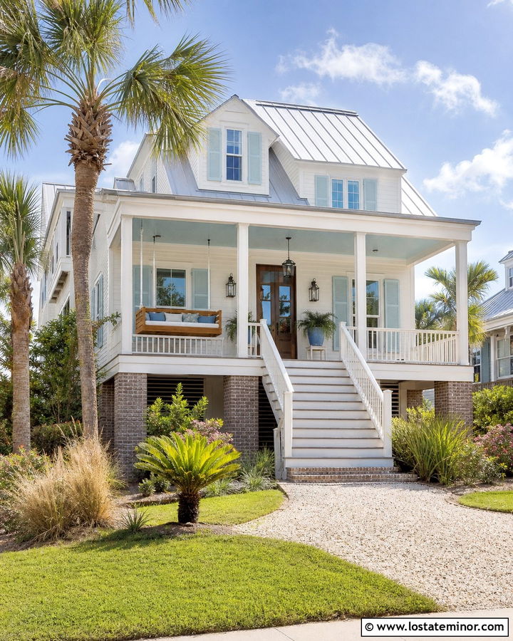 White Lowcountry House With Blue Ceiling Swing - 30 White House Design With Swing Ideas