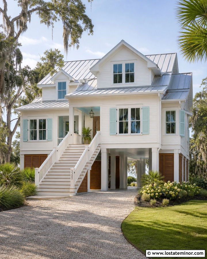 White Lowcountry House With Ground Level Carport - 30 White House Design With Carport Ideas