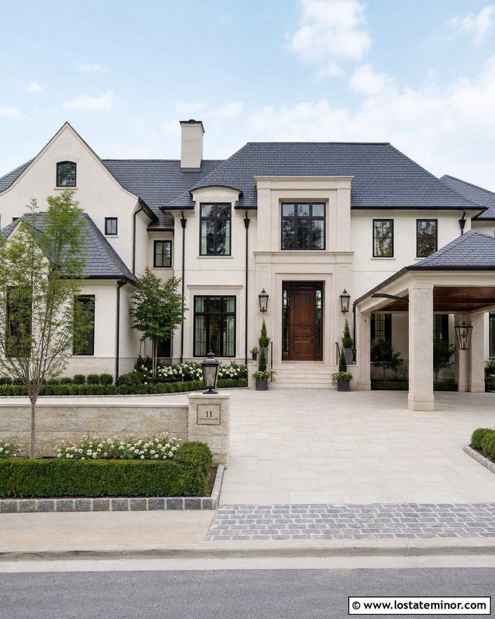 White Luxury House With Courtyard Carport - 30 White House Design With Carport Ideas