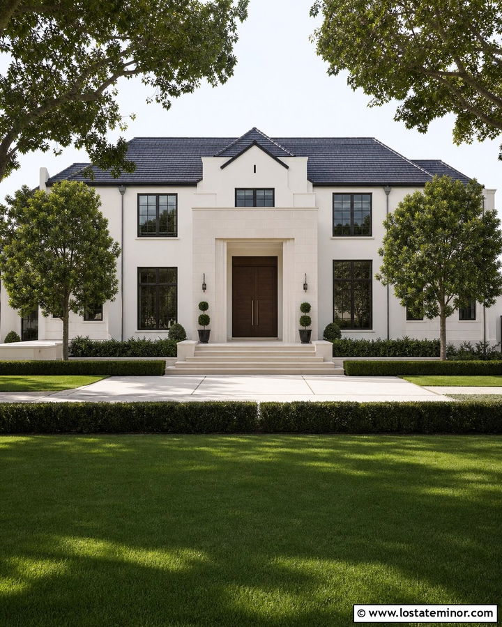 White Luxury House With Cut Limestone - 30 White House Design With Stone Accents Ideas