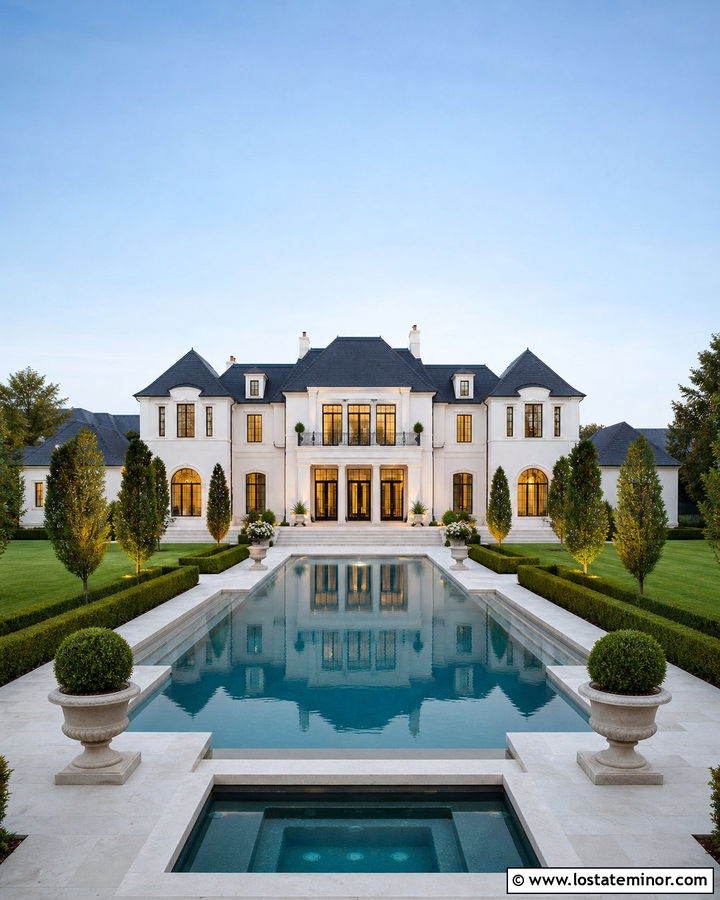 White Mansion With Formal Swimming Pool - 30 White House Design With Swimming Pool Ideas