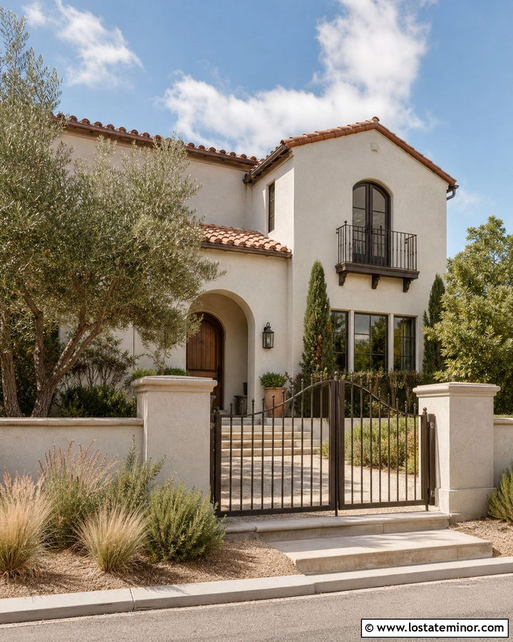 White Mediterranean House With Bronze Fence - 30 White House Design With Fence Ideas