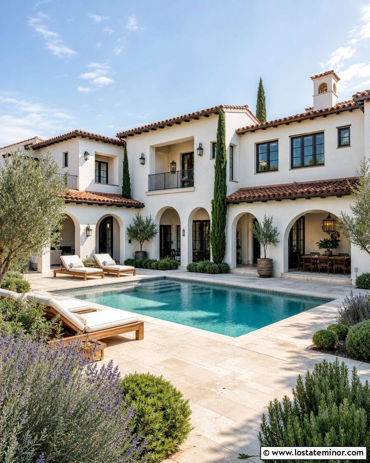 White Mediterranean House With Courtyard Swimming Pool - 30 White House Design With Swimming Pool Ideas