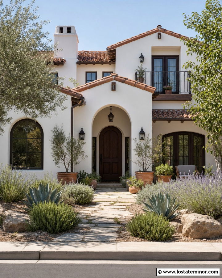 White Mediterranean House With Drought Tolerant Landscaping - 30 White House Design With Landscaping Ideas