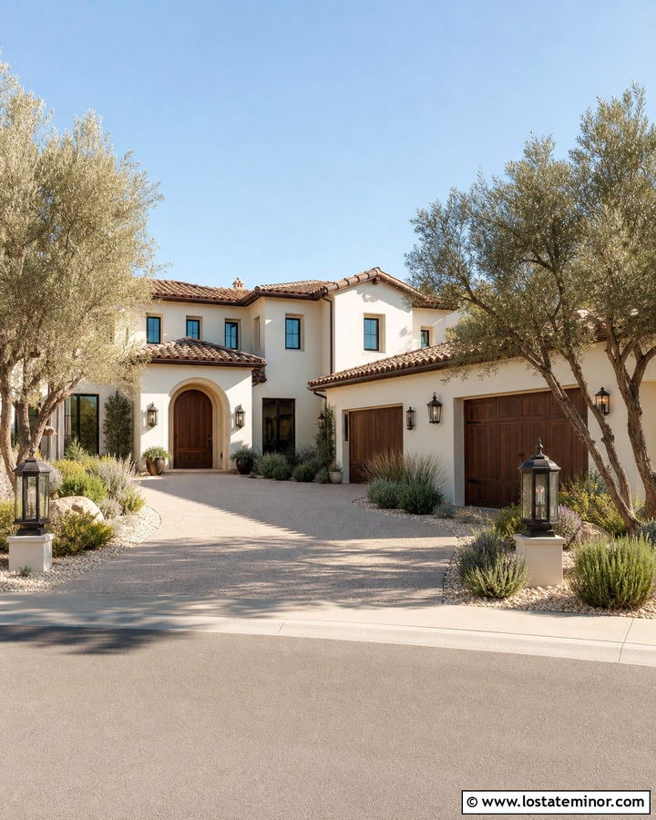 White Mediterranean House With Exposed Aggregate Driveway - 30 White House Design With Driveway Ideas