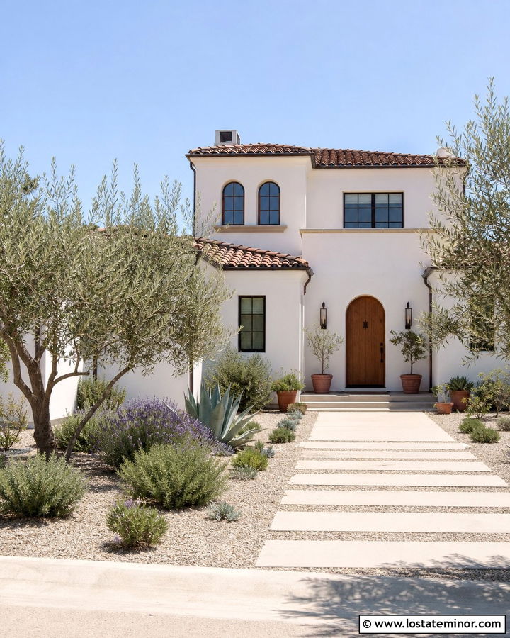 White Mediterranean House With Gravel Courtyard - 30 White House Design With Front Yard Ideas
