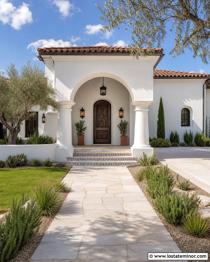 White Mediterranean House With Stucco Portico - 30 White House Design With Portico Ideas