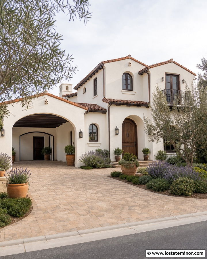 White Mediterranean House With Tile Roof Carport - 30 White House Design With Carport Ideas