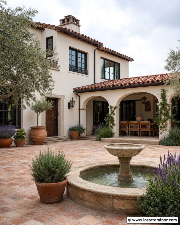 White Mediterranean House With Tiled Backyard Courtyard - 30 White House Design With Backyard Ideas
