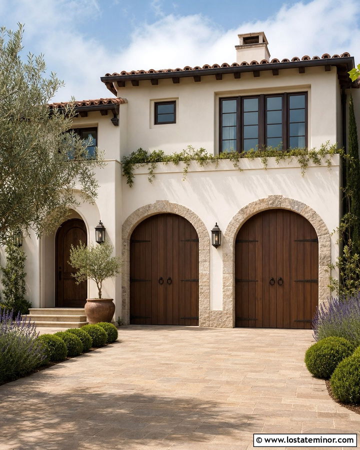 White Mediterranean House With Wood Garage Doors - 30 White House Design With Garage Door Ideas