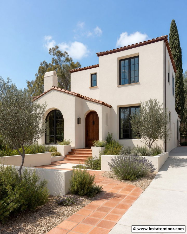 White Mediterranean With Terracotta Tile Walkway - 30 White House Design With Walkway Ideas