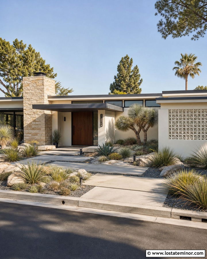 White Mid Century House With Cantilevered Awning - 30 White House Design With Awning Ideas