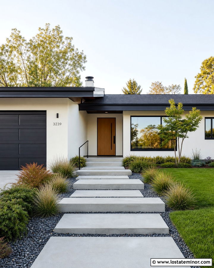 White Mid Century House With Platform Steps - 30 White House Design With Steps Ideas