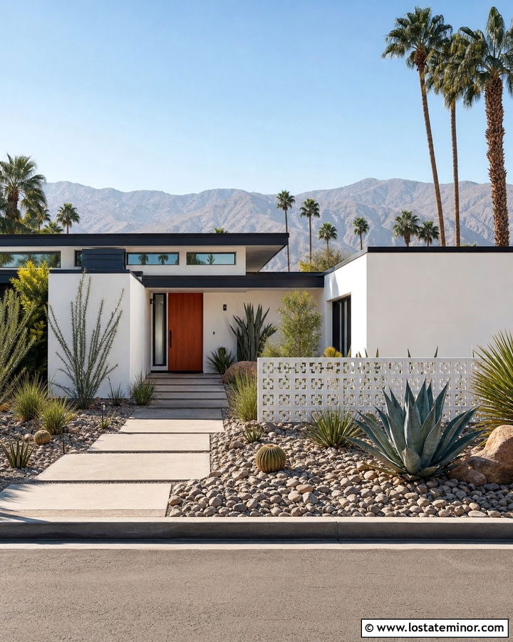 White Midcentury House With Desert Landscaping - 30 White House Design With Front Yard Ideas