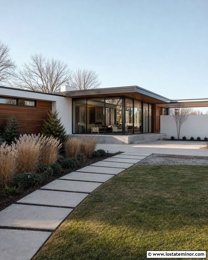 White Midcentury House With Flat Roof Sunroom - 30 White House Design With Sunroom Ideas