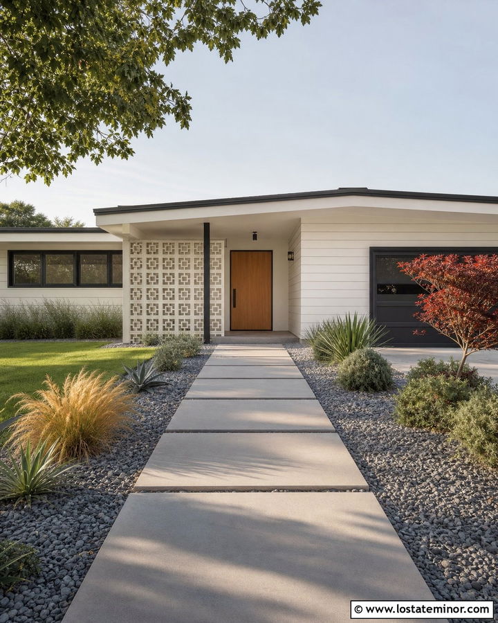 White Midcentury House With Minimal Portico - 30 White House Design With Portico Ideas