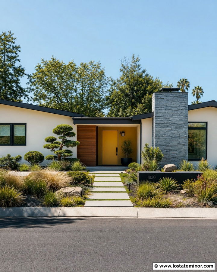 White Midcentury House With Mustard Trim - 30 White House Design With Trim Ideas