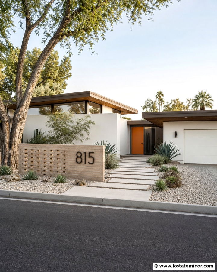 White Midcentury House With Numbers On A Brick Screen - 30 White House Design With House Numbers Ideas