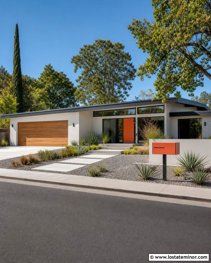 White Midcentury House With Orange Mailbox - 30 White House Design With Mailbox Ideas