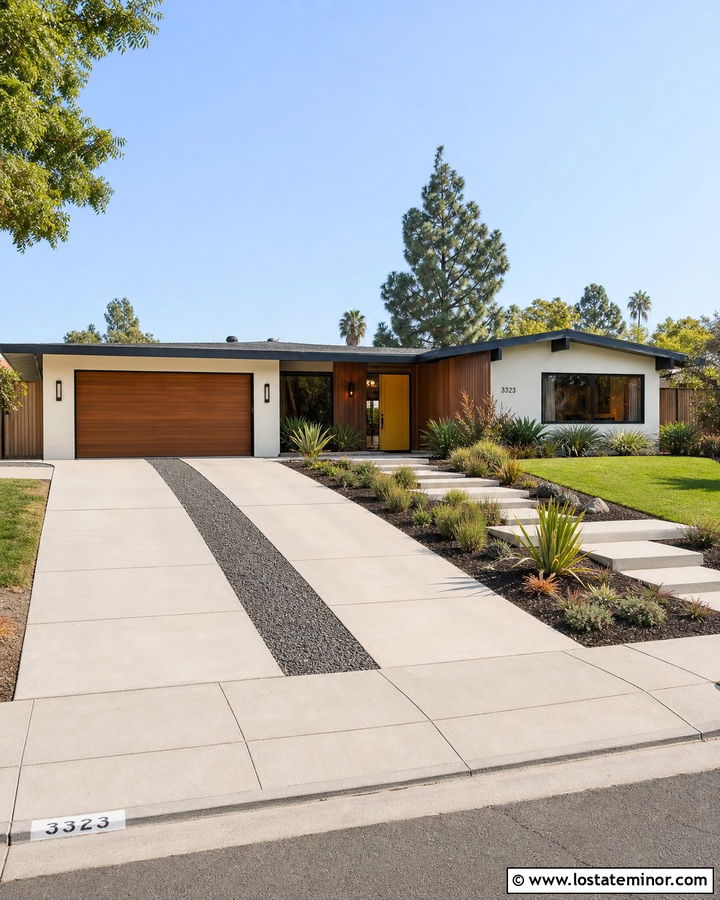 White Midcentury House With Ribbon Driveway - 30 White House Design With Driveway Ideas