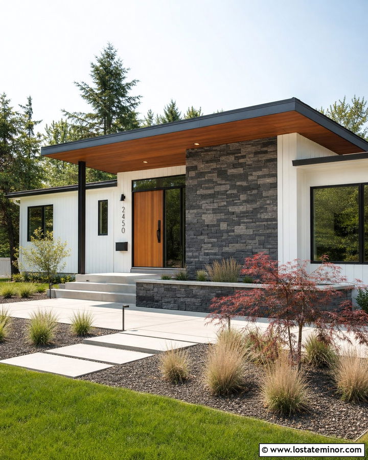 White Midcentury House With Stone Accent Wall - 30 White House Design With Stone Accents Ideas