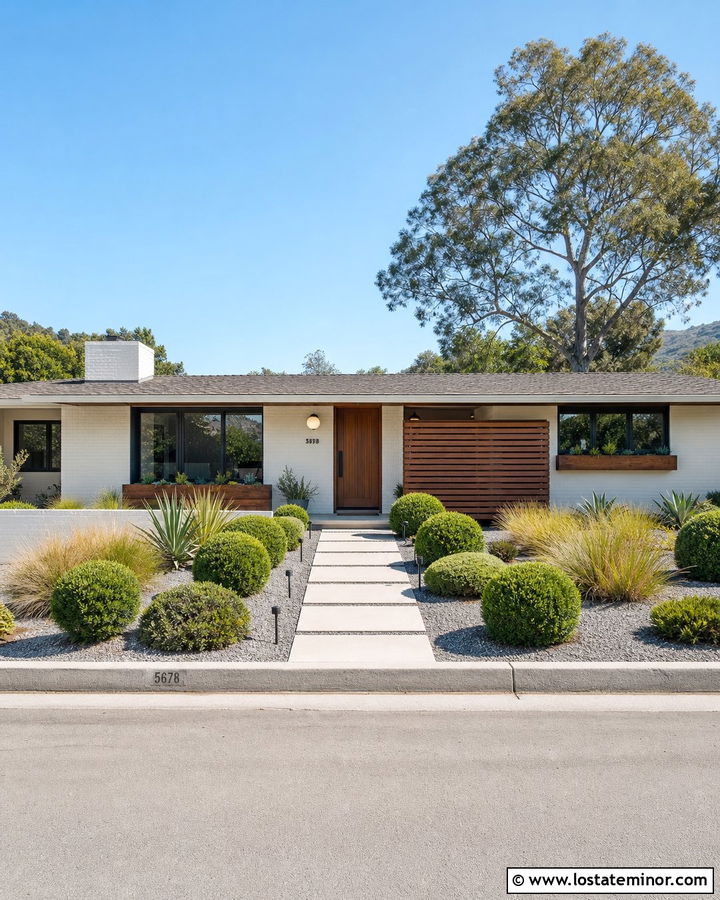 White Midcentury House With Wood Planter Boxes - 30 White House Design With Window Boxes Ideas