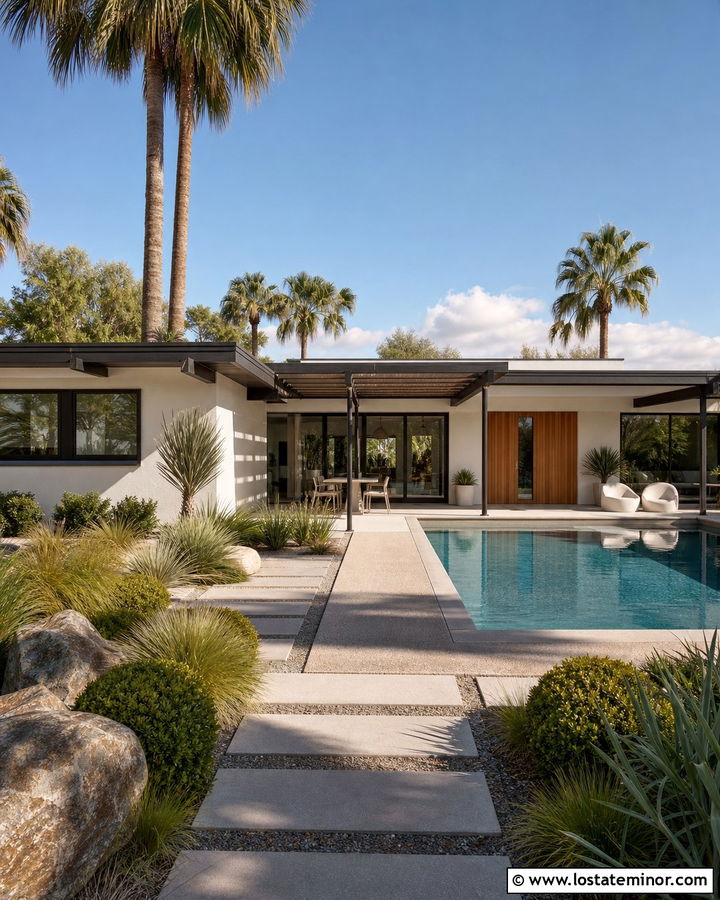 White Midcentury Modern House With Swimming Pool - 30 White House Design With Swimming Pool Ideas