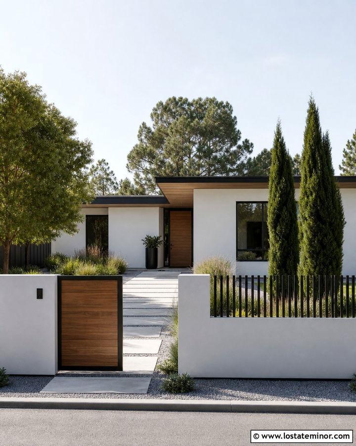 White Minimalist House With Concrete Wall Fence - 30 White House Design With Fence Ideas