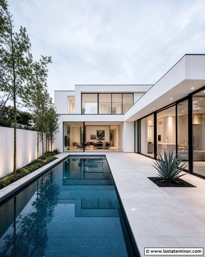 White Minimalist House With Narrow Lap Pool - 30 White House Design With Swimming Pool Ideas