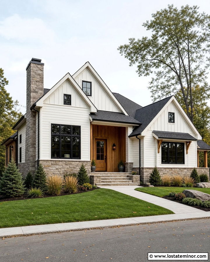White Mixed Siding With Wood And Stone - 30 White House Design With Siding Ideas