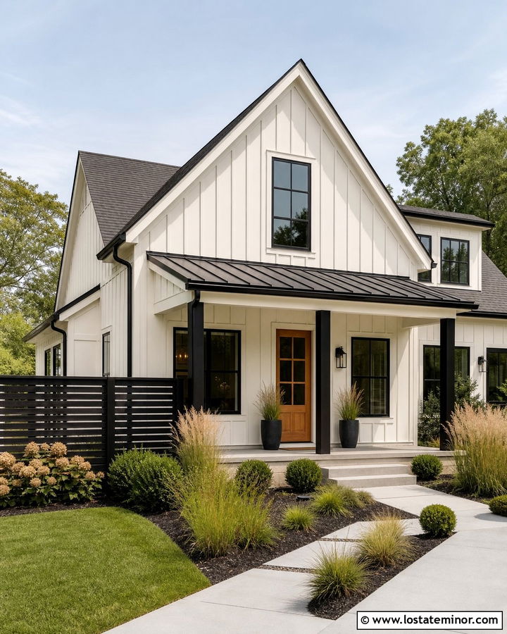 White Modern Farmhouse With Black Horizontal Fence - 30 White House Design With Fence Ideas