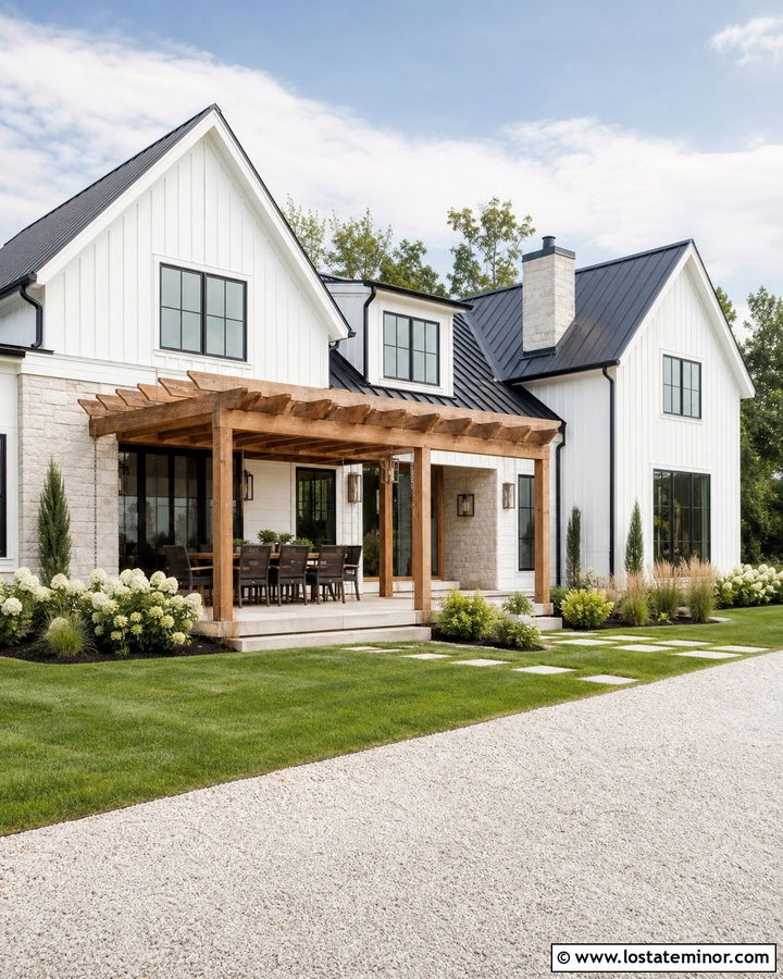 White Modern Farmhouse With Cedar Pergola - 30 White House Design With Pergola Ideas