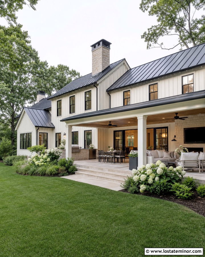 White Modern Farmhouse With Covered Backyard Patio - 30 White House Design With Backyard Ideas