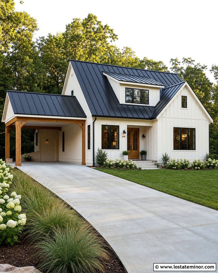 White Modern Farmhouse With Gable Carport - 30 White House Design With Carport Ideas